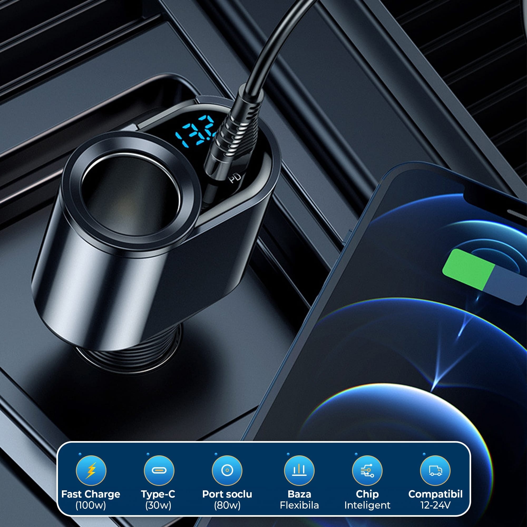 Adaptor priza Timebox, 166W, 2 x USB, 1 x USB-C, 4 in 1, 1 x soclu auto, Negru