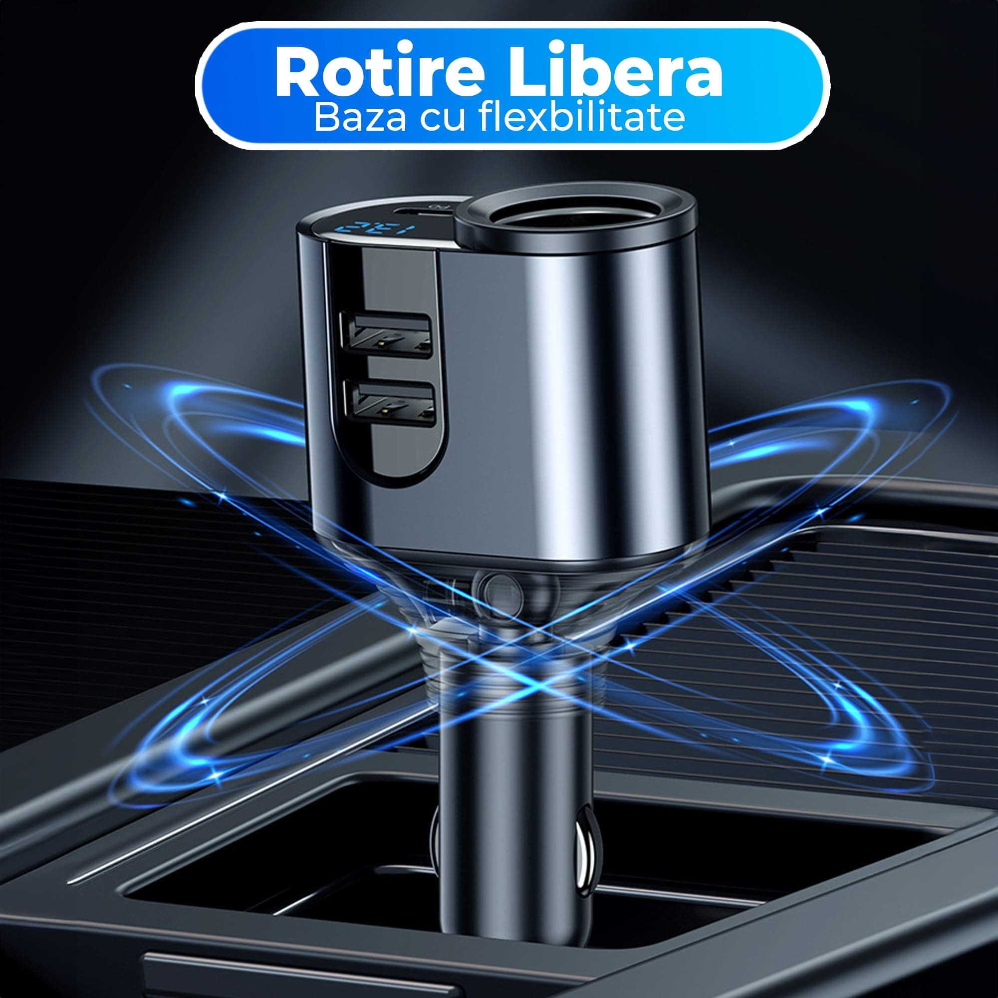 Adaptor priza Timebox, 166W, 2 x USB, 1 x USB-C, 4 in 1, 1 x soclu auto, Negru