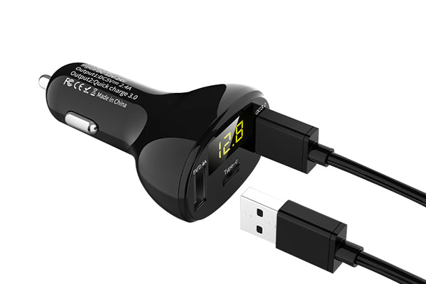 Incarcator auto 1XUSB QC3.0 + 1XUSB 2.4A + 1XUSB TYPE-C cu afisaj tensiune/putere LED Mega Drive