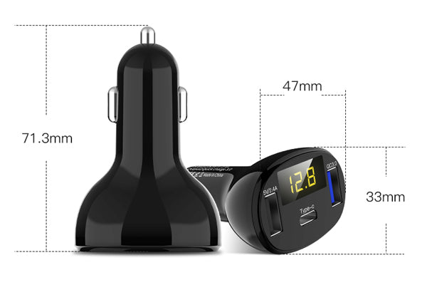 Incarcator auto 1XUSB QC3.0 + 1XUSB 2.4A + 1XUSB TYPE-C cu afisaj tensiune/putere LED Mega Drive