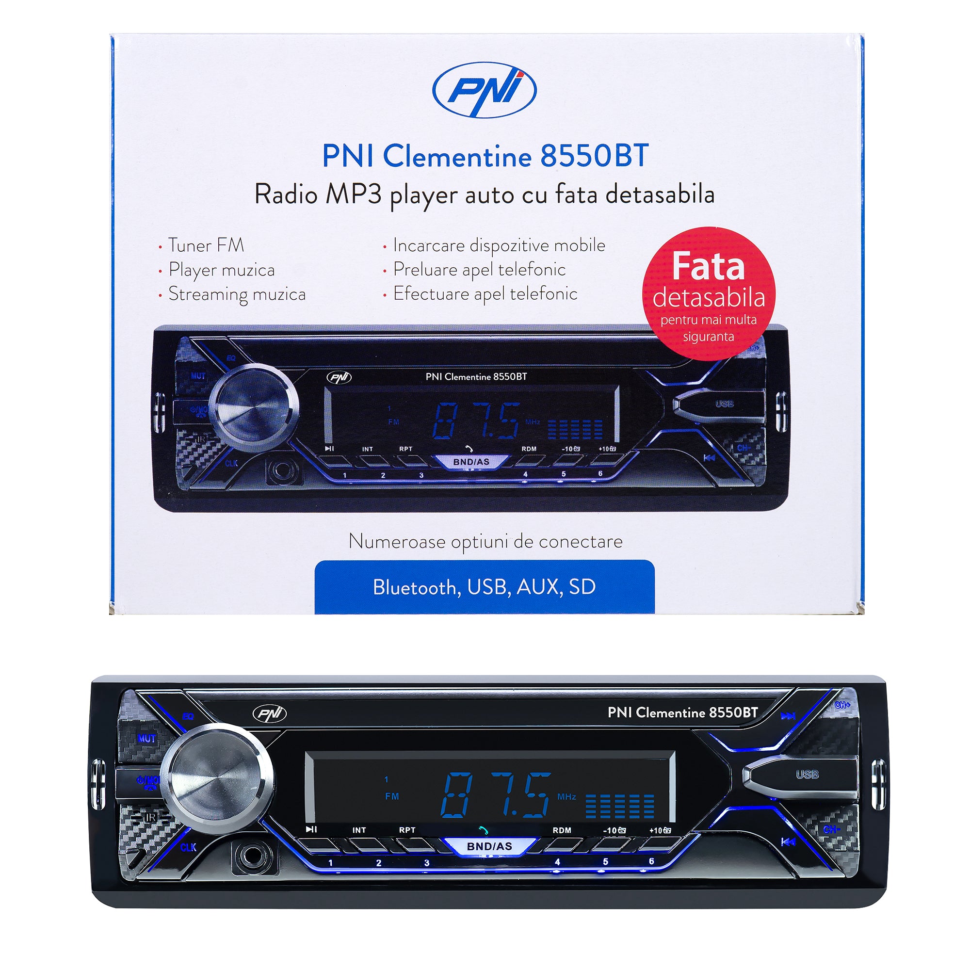 Radio MP3 player auto CLEMENTINE 8550BT, fata detasabila, 4X45W, 12V PNI