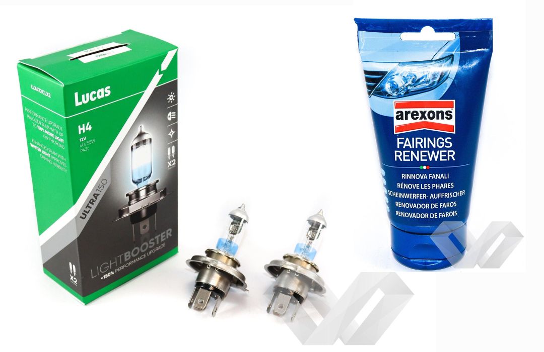 Pachet Restaurare Faruri – Pasta Polish Arexons + Set 2 Becuri Auto Halogen Lucas H4 +150%