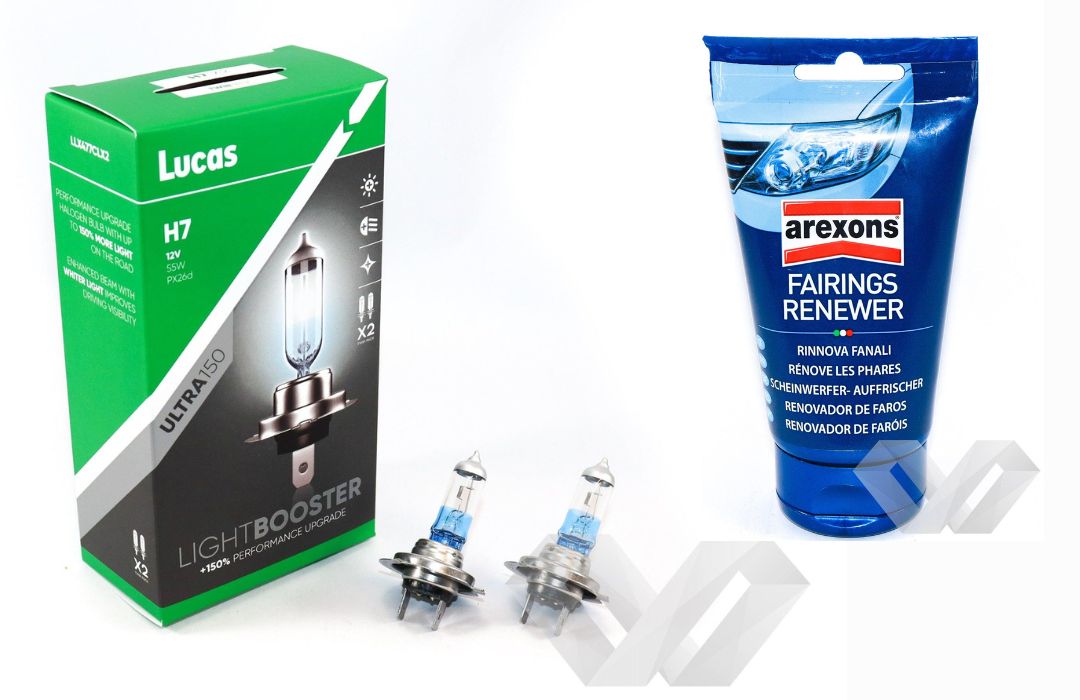 Pachet Restaurare Faruri – Pasta Polish Arexons + Set 2 Becuri Auto Halogen Lucas H7 +150%