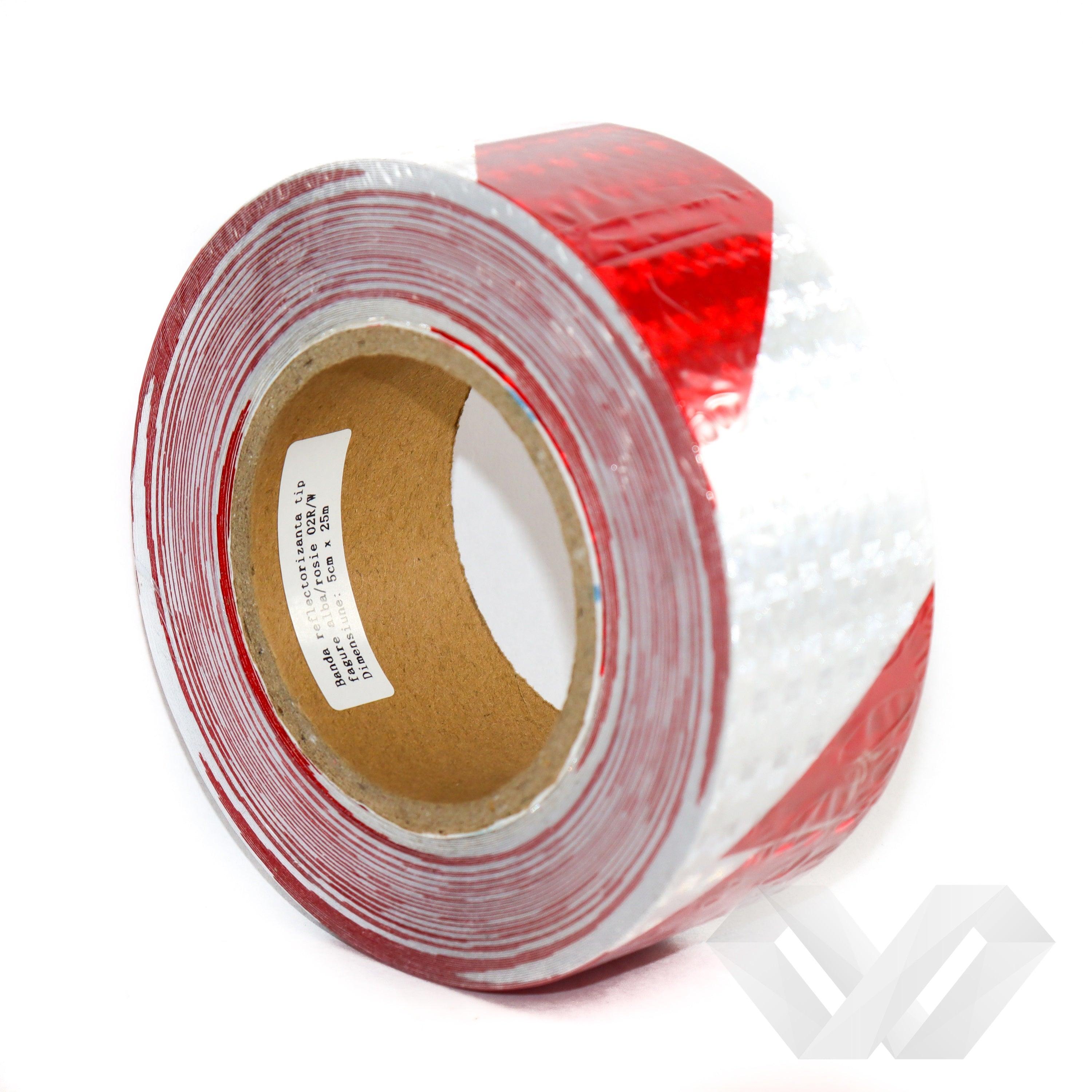 Banda reflectorizanta diagonala rosu-alb, 25m 5cm