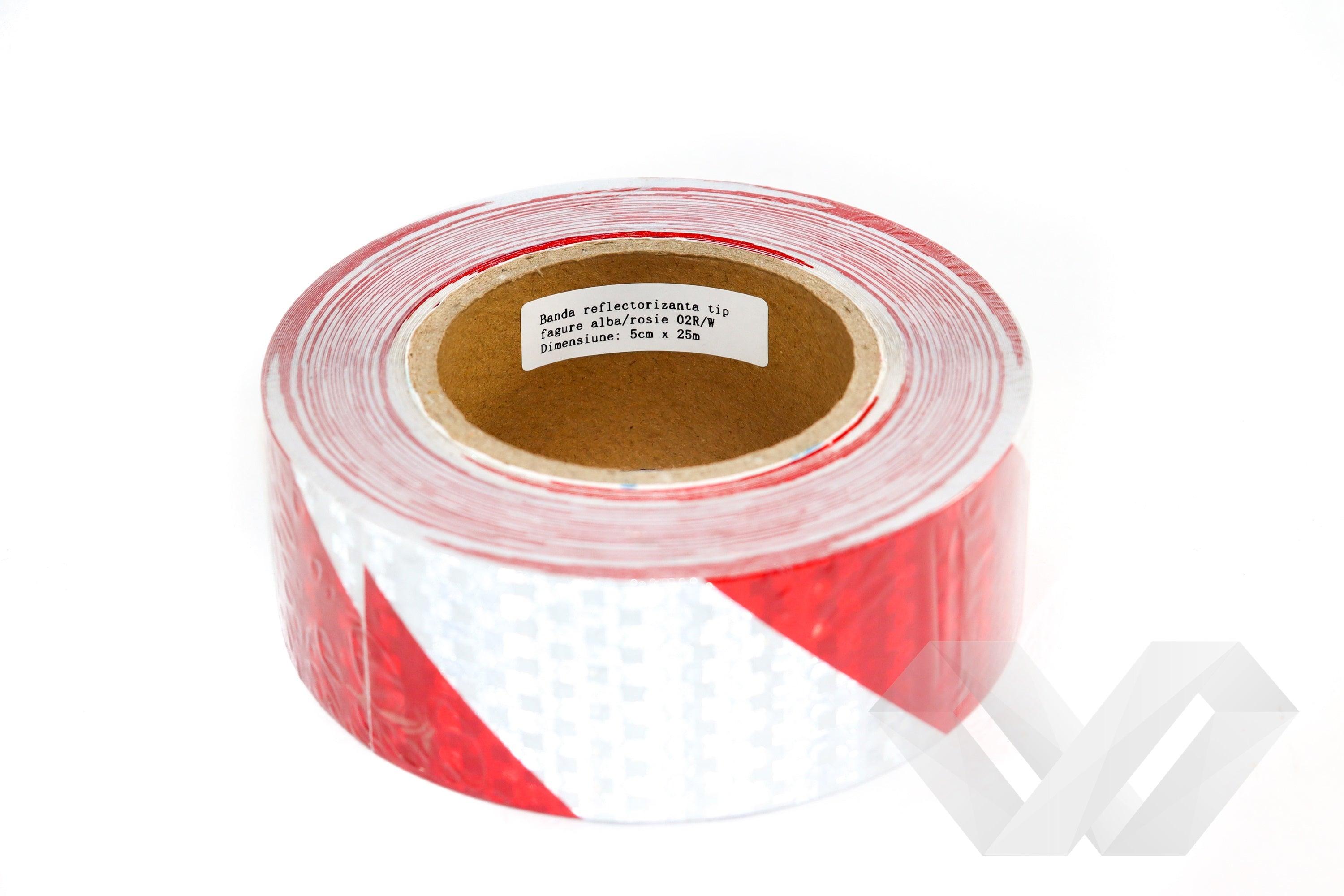 Banda reflectorizanta diagonala rosu-alb, 25m 5cm