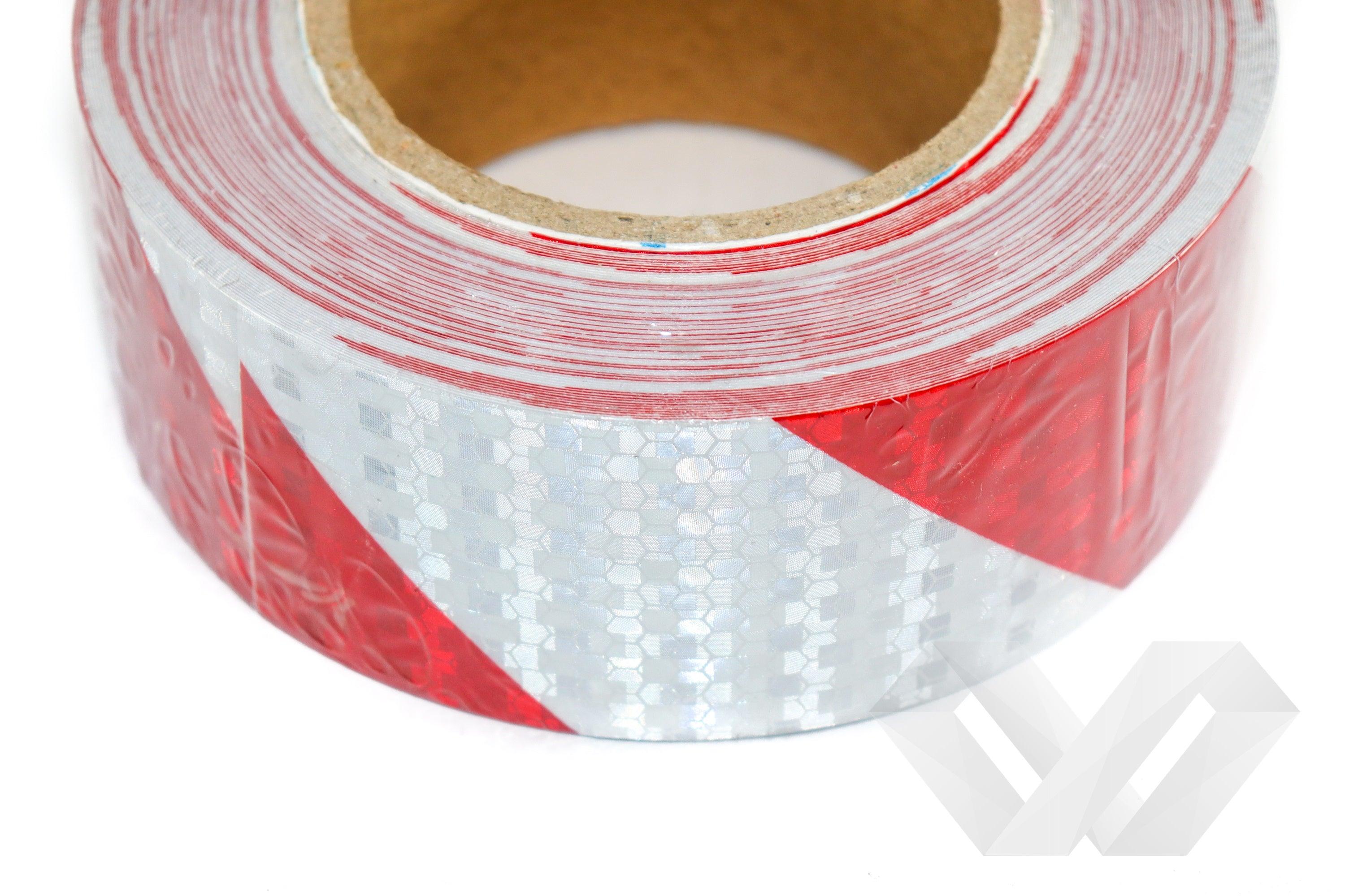 Banda reflectorizanta diagonala rosu-alb, 25m 5cm