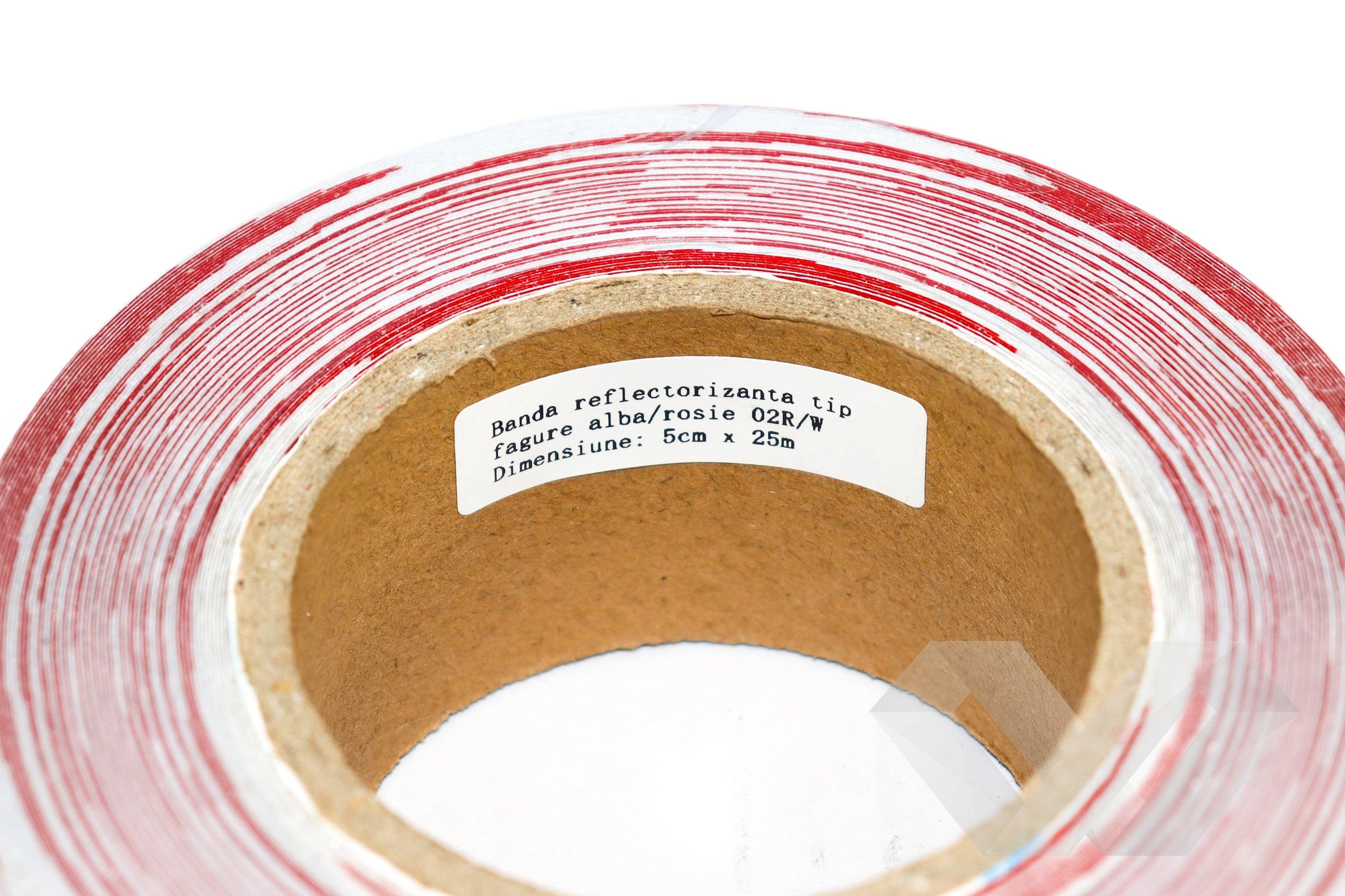 Banda reflectorizanta diagonala rosu-alb, 25m 5cm