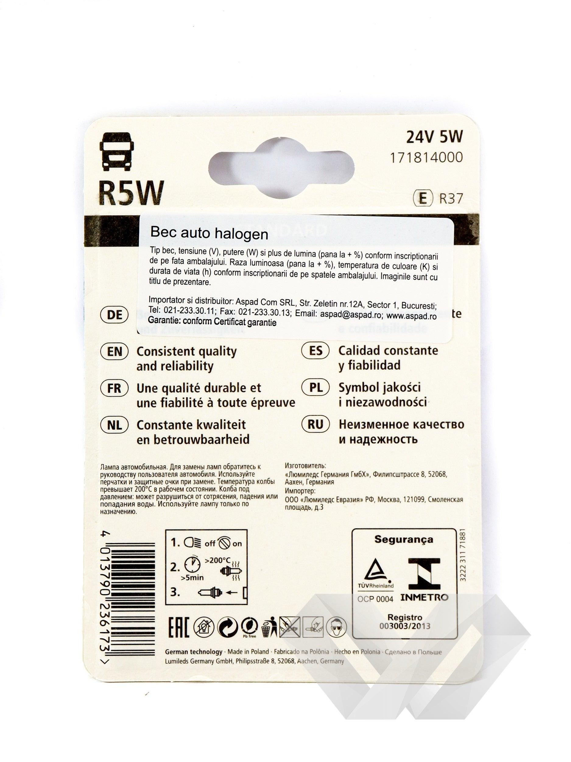 Set 2 becuri auto cireasa Narva, R5W 24V