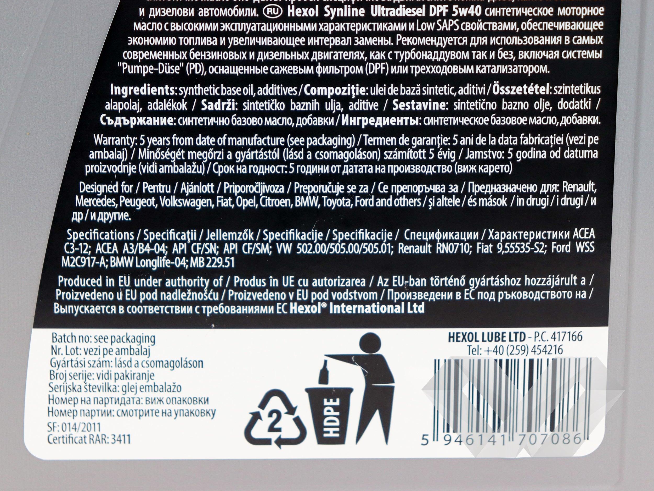 Ulei motor SAE 5W40 Hexol UltraDiesel DPF