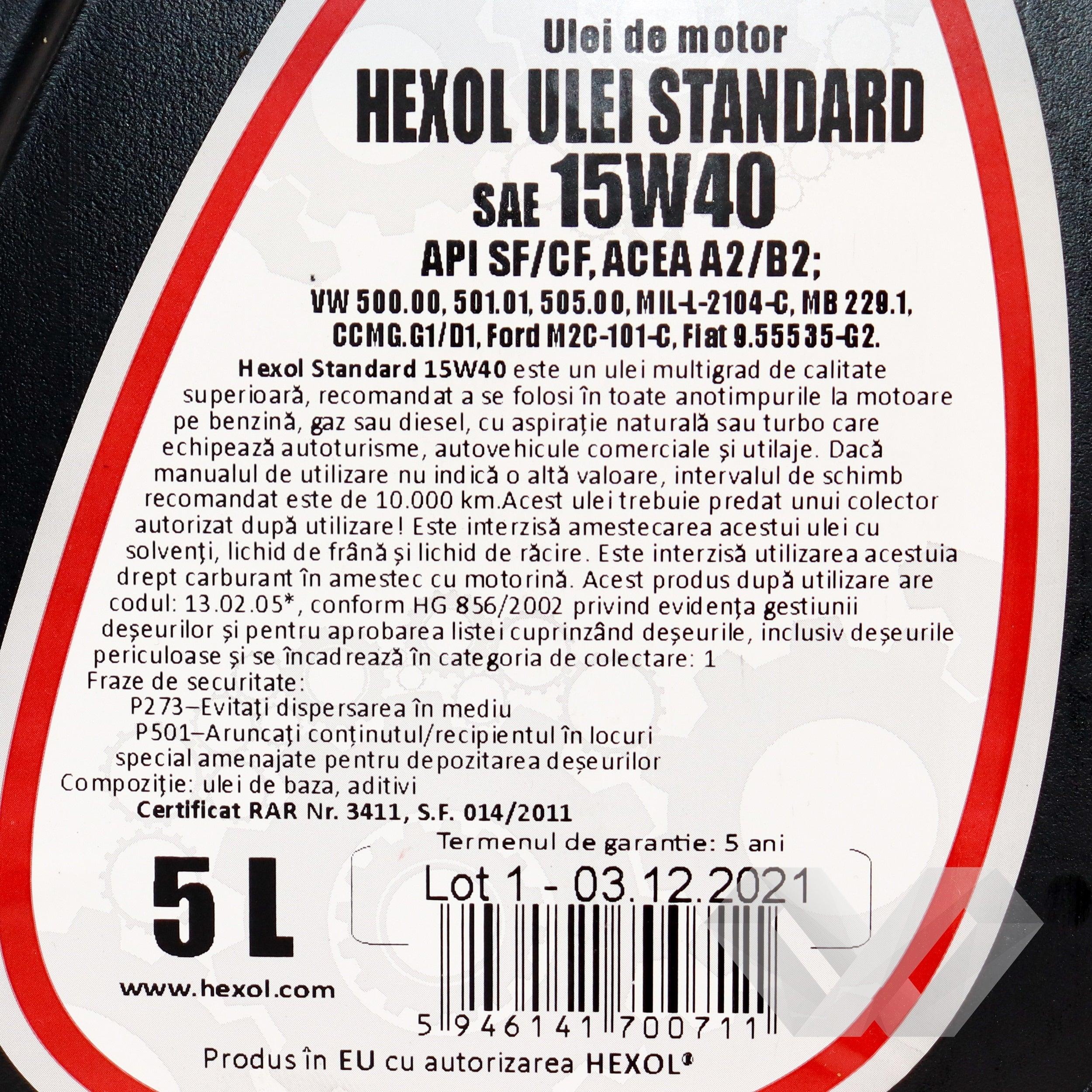 Ulei pentru motor 15W40 Hexol Standard, 5L