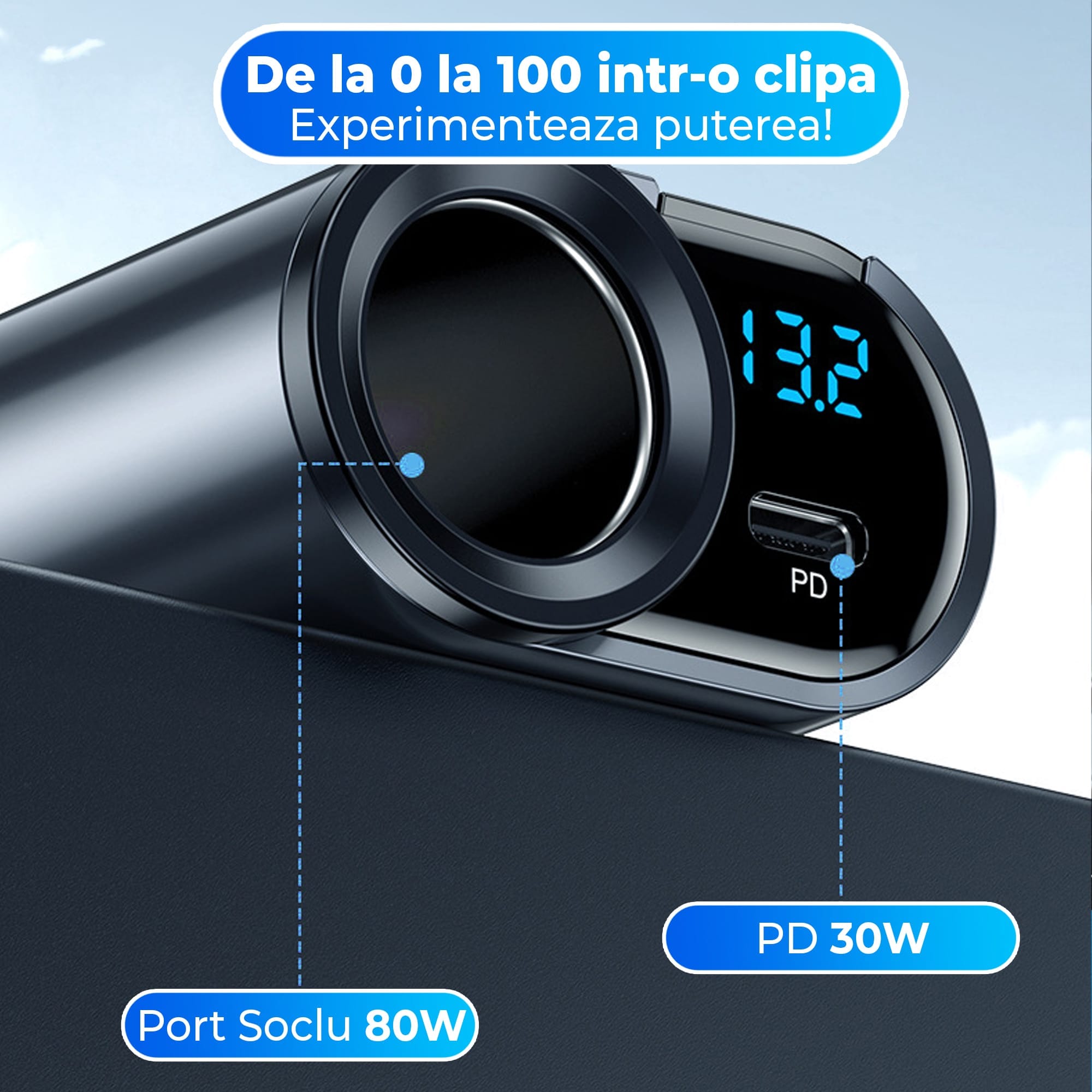 Adaptor priza Timebox, 166W, 2 x USB, 1 x USB-C, 4 in 1, 1 x soclu auto, Negru