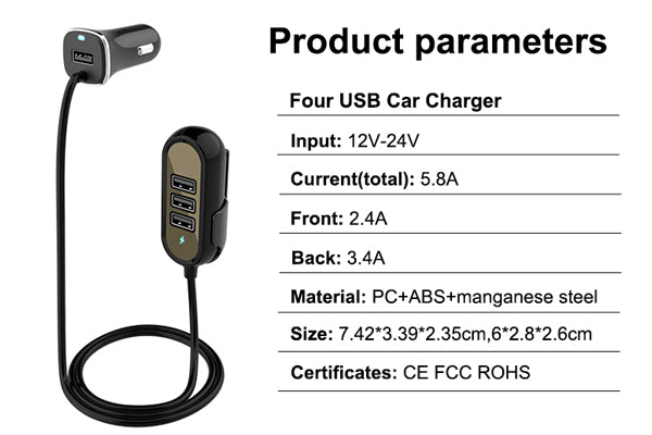  Incarcator auto 4XUSB 5.8A (2.4A FATA SI 3.4A SPATE) cu extensie 1.4M Mega Drive