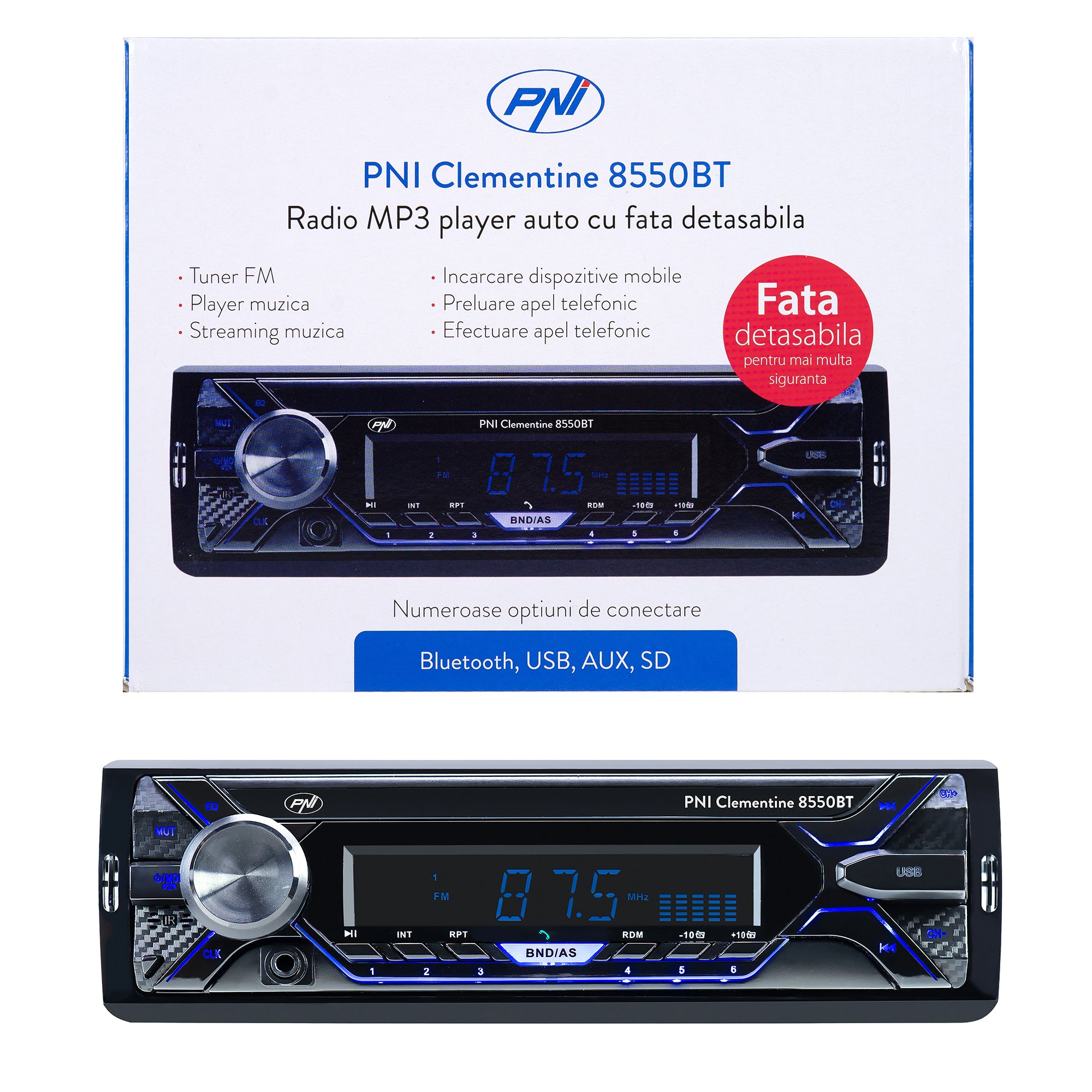  Radio MP3 player auto CLEMENTINE 8550BT, fata detasabila, 4X45W, 12V PNI